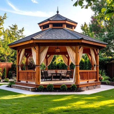 آلاچیق چوبی لوکس با طراحی حرفه‌ای و اجرای دقیق برای محوطه باغ