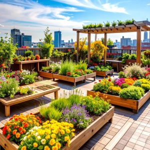 پرگولا چوبی اجرا شده در روف گاردن با باکس چوبی گل